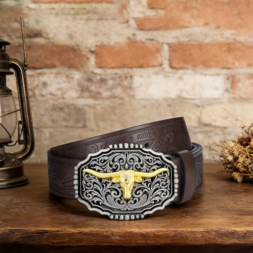 Image of Mens Western Cowboy Cowgirl Faux Leather Belt Longhorn Bull Pattern Letter Big Buckle Embossed Floral Belts