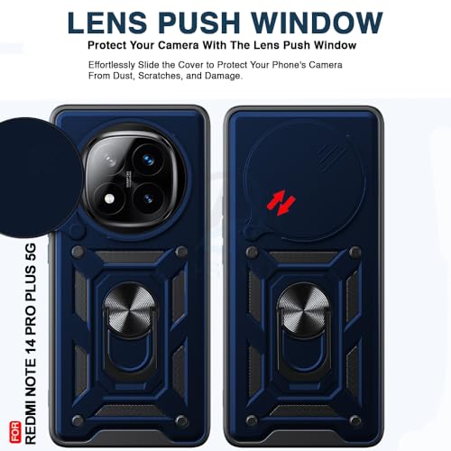 Image of AESTMO Tough Armor Redmi Note 14 Pro Plus 5G Bumper Back Case Cover | Ring Holder & Sliding Camera Shield Cover | 360 Degree Protection Back Case Cover for Redmi Note 14 Pro Plus 5G (Blue)