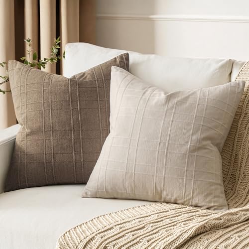 Image of MIULEE Decorative Linen Check Euro Shams Throw Pillow Covers Neutral Farmhouse Vintage Pillow Covers 26x26 Set of 2 Boho Modern Home Decor for Sofa Couch Bedroom Cushion Natural Beige
