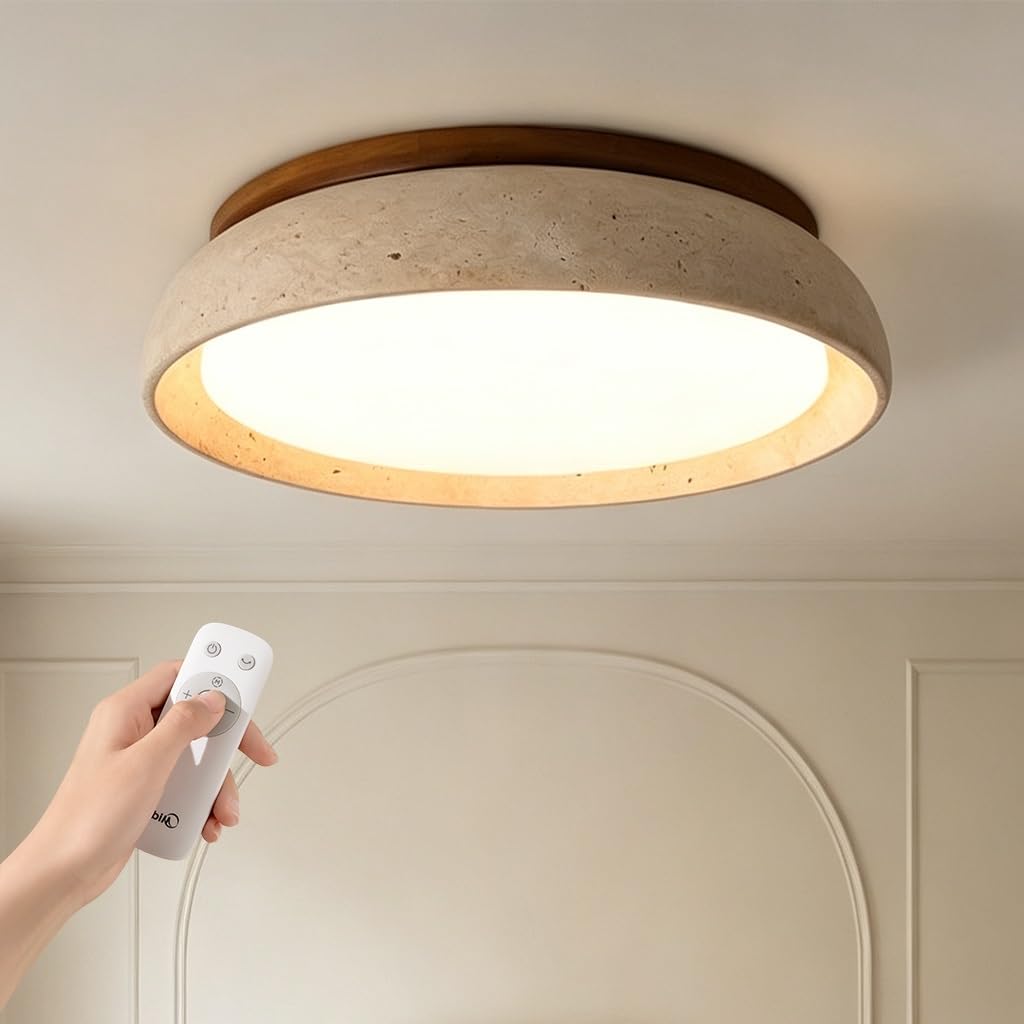 Estilo WABI Sabi Plafón De Piedra Travertino LED Lámpara De Techo Decoración Japonesa Moderna Iluminación De Techo para Dormitorio Salón Comedor Hotel Café Y Restaurante(43cm)