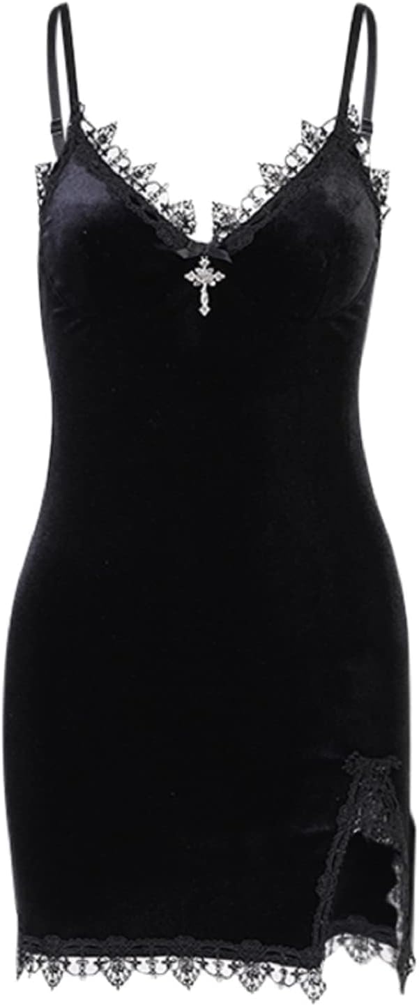 TSMNZMU Women Gothic Mini Dress Velvet Sleeveless Lolita Dresses Emo Grunge Punk Dress Goth Sexy Halter Dress