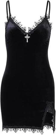 TSMNZMU Women Gothic Mini Dress - Velvet Spaghetti Straps Halter Slim Dresses - Alt Lolita Vampire Fairy Witchy Emo Dress