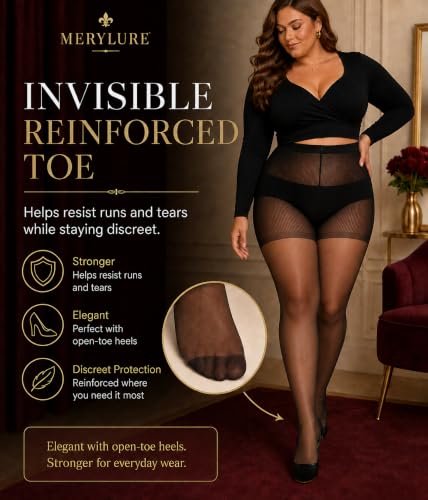 Image of MERYLURE Plus Size Sheer Tights for Women,20D Control Top Pantyhose Reinforced Toes High Waist Stockings 3 Pairs 1XL-6XL