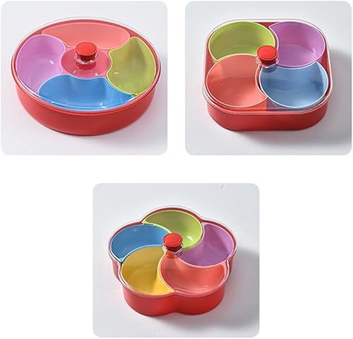 Miniatura 5 de Bandeja de plástico dividida para servir 5 compartimentos, bandeja para servir aperitivos con tapa y asa, platos reutilizables para servir