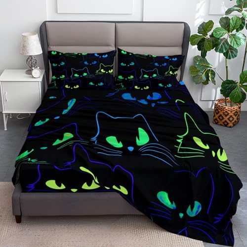 Sábana Bajera Ajustable 90 x 190 cm Neón Dibujos Animados Gato, Microfibra hipoalergénica Transpirable con Estampado Sábana Bajera Ajustable para Colchón de 30cm de Altura, Negro