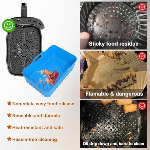 Image of Silicone Air Fryer Liners Rectangle 2 Pack 8.0 Inch Airfryer Liners 8-10 QT Dual Air Fryer Liners Reusable Pot Oven Liner Baking Tray, Air Fryer Basket Silicone Mat Bowl Air Fryer Accessories Kitchen