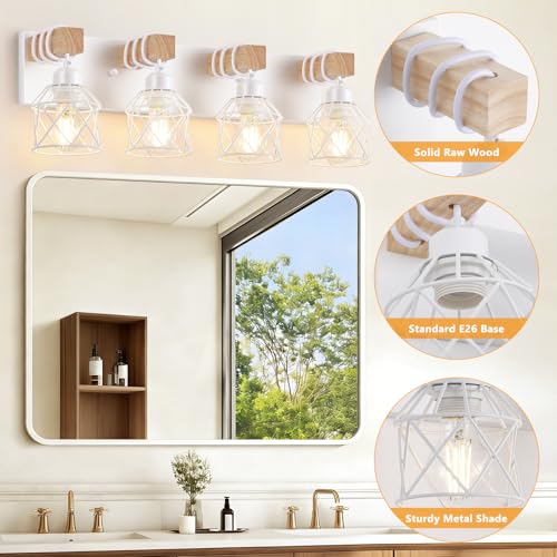 Image of FadimiKoo 4-Light Farmhouse Vanity Lights for Bathroom, White Wood Bathroom Light Fixtures Over Mirror, Rustic Vanity Lights with Metal Shade, Bathroom Lighting for Living Room, Bedroom, Hallway