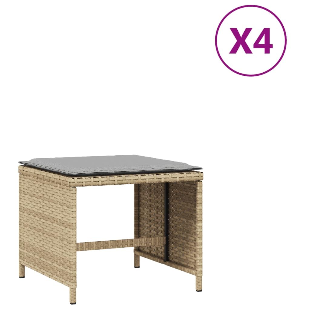 Taboret ogrodowy z poduszkami, 4 sztuki, polirattan, beżowy