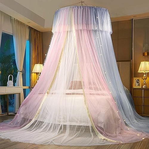 Mosquito Net Bed Canopy with Lights Princess Bed Netting Canopy for Bedroom Decoration Double Layer Round Dome Canopy Bed Curtains,Pink