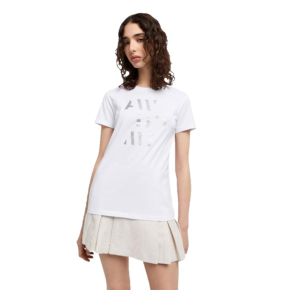 Armani Exchange Women's White (Optic White) Arte Sella, Glitter Logo Lettering, Regular Fit, White, Xs, Xs