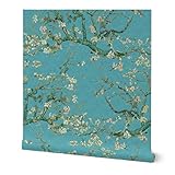 Spoonflower Peel & Stick Wallpaper Swatch - Almond Blossom Chinoiserie Large Scale Teal Tree Branch Aqua Custom Removable Wallpaper