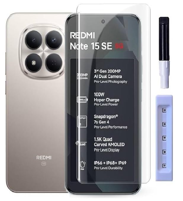 Image of BLACKSHEEP Premium UV Tempered Glass Screen Protector Guard Compatible For Xiaomi Redmi Note 15 SE 5G (6.77 Inch, Pack of 1) Full Adhesive UV Curved Case Friendly HD Clarity