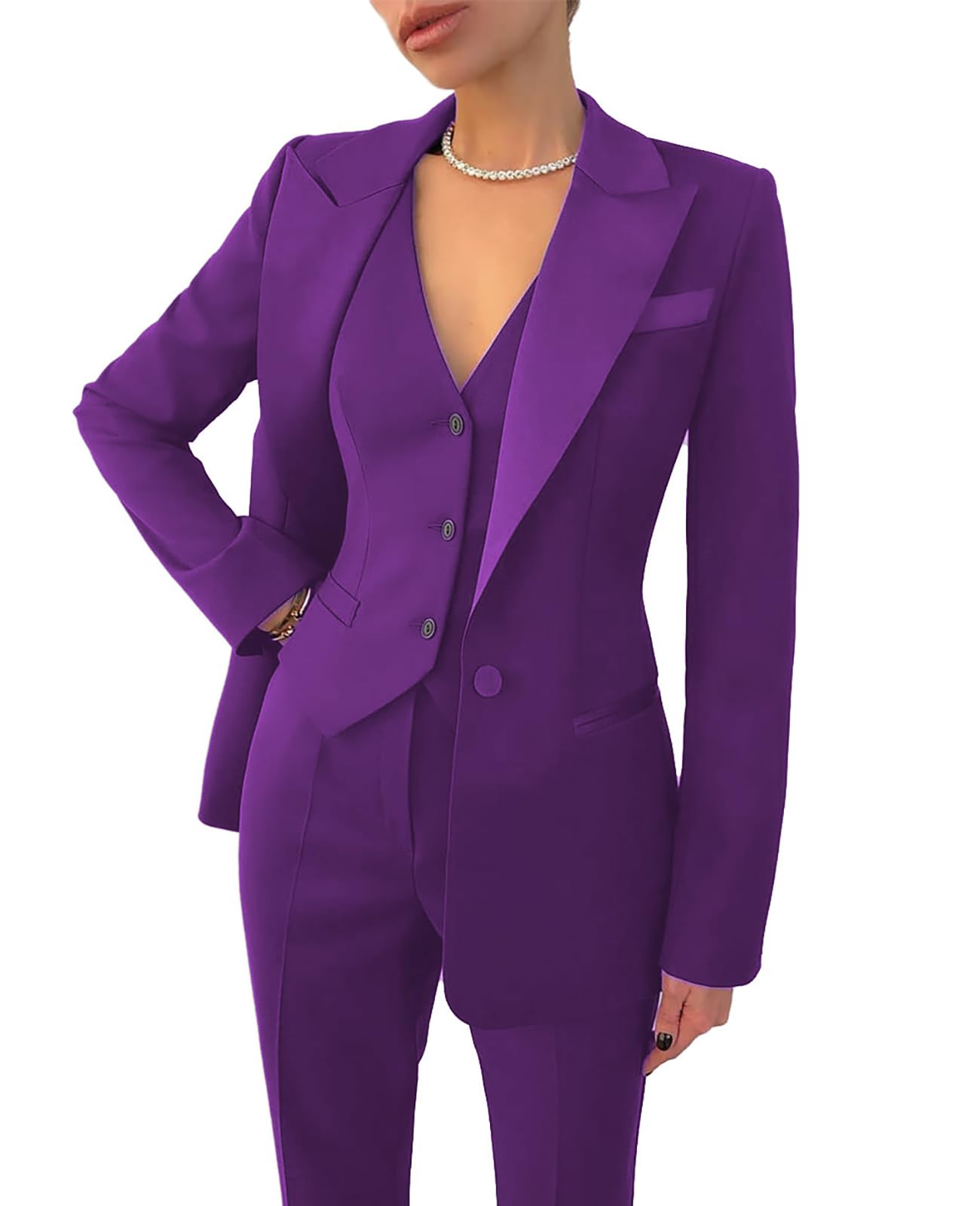 Leader of the Beauty Women's Office Work Blazer Vest Pants Business Suit Set - Purple