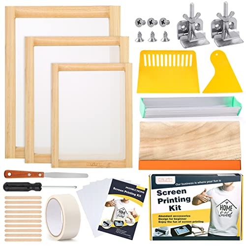 Caydo 32 Pieces Screen Printing Kit, Include 3 Size of Wood Silk Screen Printing Frames with 110 Mesh, Squeegees, Butterfly Hinge Clamp, Emulsion Scoop Coater, Inkjet Transparency Film