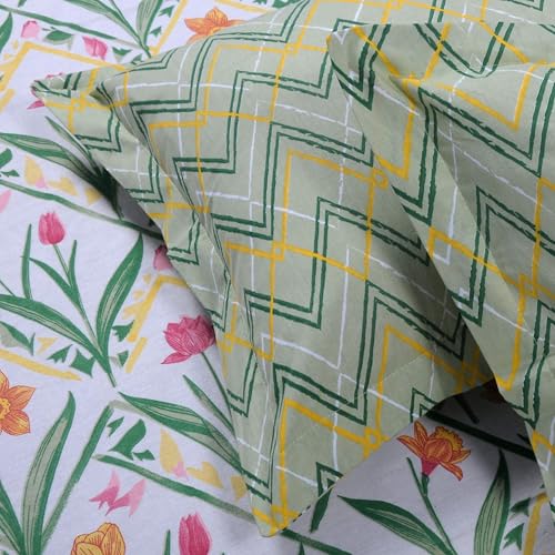 Image of HUESLAND by Ahmedabad Cotton 144 TC Cotton Elastic Fitted Bedsheet King Size with 2 Pillow Covers | 72 x 78 inches