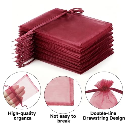 Image of joycraft 50Pcs Burgundy Organza Bags - 2.7x3.5 In Sheer Holiday Mesh Pouch, Small Jewelry Organza Drawstring Pouch for Halloween, Christmas, DIY Craft, Party Favor