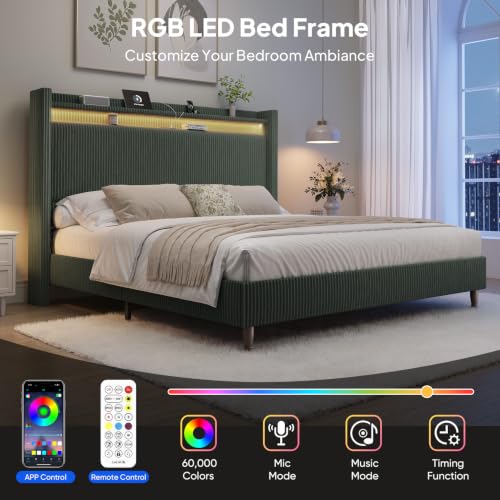 Image of Queen Size Bed Frame with 55.3 inch Tall Headboard, Corduroy Upholstered,Green