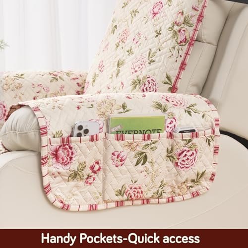 Image of HOKIPO Quilted Recliner Mat 1 Seater, with Side Pockets, Beige Peonies