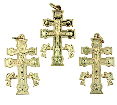 Lot of 3 Gold Tone Crucifix Cruz De Caravaca Cross with Angels Pendant, 1 1 2 Inch