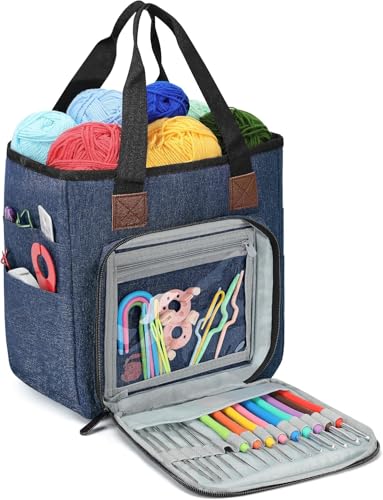 Bolsa de Tricô com Divisórias Internas, Bolsa de Tricô para Armazenamento de Fios com Oxford, Organizador de Mochila Grande de Crochê, Azul Denim