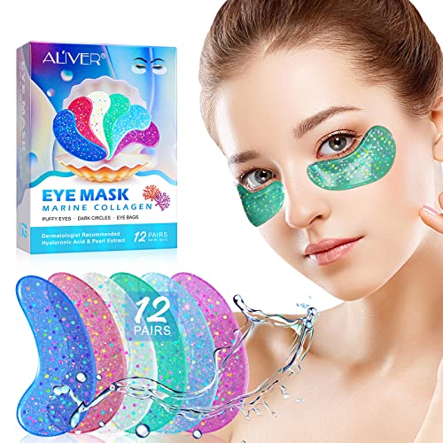 IDUCEN Augenpads, 12 Paar Augengel mit natürlichem Meereskollagen, Hyaluronsäure, Perlen-Augenmaske für geschwollene Augen, Augenringe, Tränensäcke, Anti-Aging-Augenklappen, Faltenreduzierung