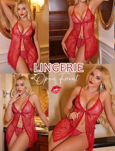 Image of Avidlove Sexy Lingerie for Women Open Front Lace Babydoll Dress V Neck Chemise Negligee Honeymoon