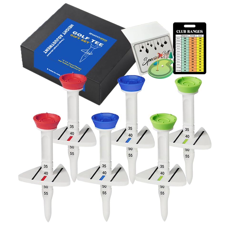 Adjustable Height Golf Tees 6 pack, 5 ranges, Unique triangular directional Design , Unbreakable plastic golf tees with Swing Visual Guide(blue red green,3 1/4 