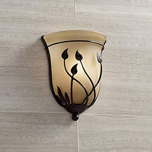Regency hill leaf and vine farmhouse rustic wall light sconce bronze hardwired 8 12 fixture rimmed amber glass shade for bedroom bedside bathroom vanity living room hallway dining house  urban country home decor