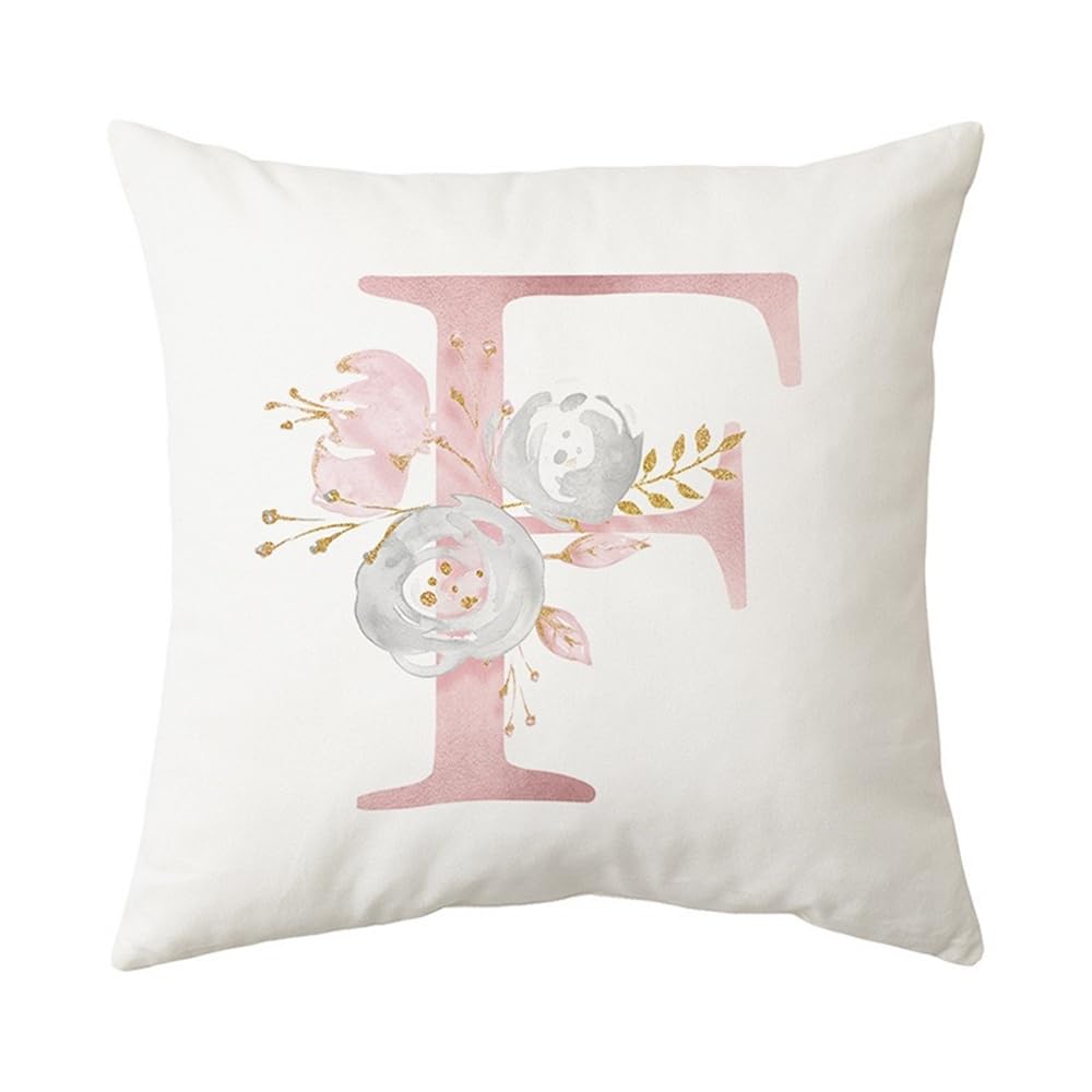 PRK 14 White Cushion Covers - Letter F Pillow Case, Cute Floral Alphabet Decorative Throw Square Protectors for Sofa, Couch, Bedroom, Chair - 45cm x 45cm