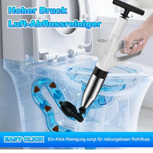 Rohrreiniger Druckluft Abflussreiniger Pumpe mit Drucklufttechnologie Der Pömpel Toilette für rohrfrei Ergebnisse mit Luftkompressions-System, integrierter Druckanzeige und 4 Saugnäpfen Weiß