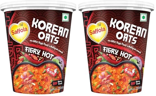 Image of Saffola Korean Cuppa Oats, Fiery Hot, with chilli dressing sachet, No added preservatives, Ready in 4 mins, 56g (Pack of 2)
