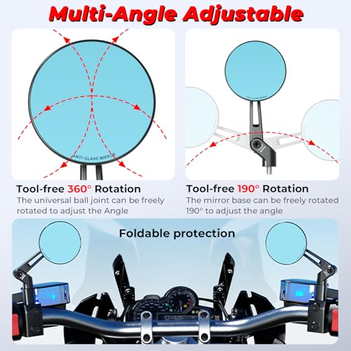 Image of VAZESWIN Aluminum Alloy Rainproof Foldable Motorcycle Mirrors & M8 M10 Bolt | CNC Machining HD Anti-Glare Blue Lenses Rear View Mirrors, Multi-Angle Adjustable for Motorcycle ATV Moped Scooter Cruiser
