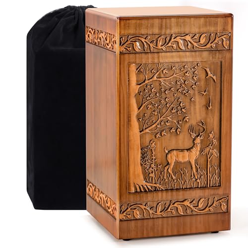 Aioguisn Handmade Wooden Urn for Human Ashes, Urns for Adults Male Female, 250lbs Engraved Burial Cremation Urns for Ashes Men Women(Deer)
