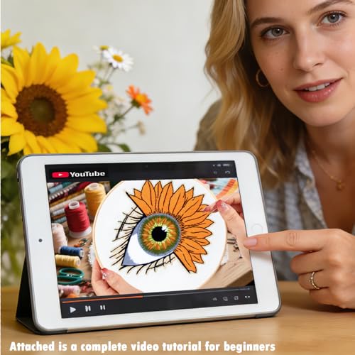 Image of Crafmanoe Sunflower Eyes Embroidery Kits for Beginners Adults, Hand Embroidery Starters Kits, Stamped Cross Stitch Kits Needlepoint Kits for Beginners Adult, Embroidery Hoop, Thread and Video Tutorial