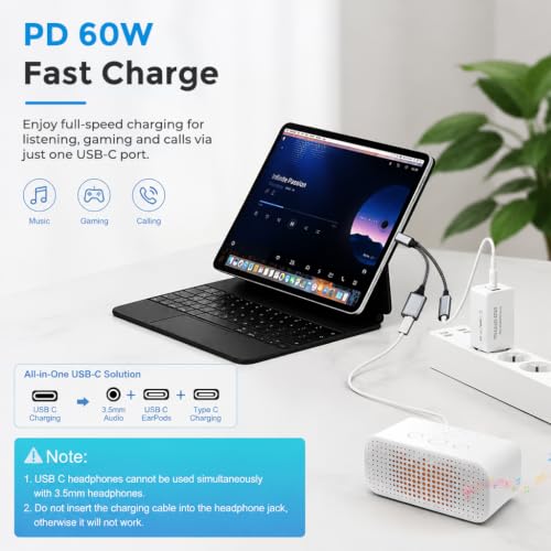Image of Verilux USB C to 3.5mm Adapter 3 in1 with Charging and DAC Audio