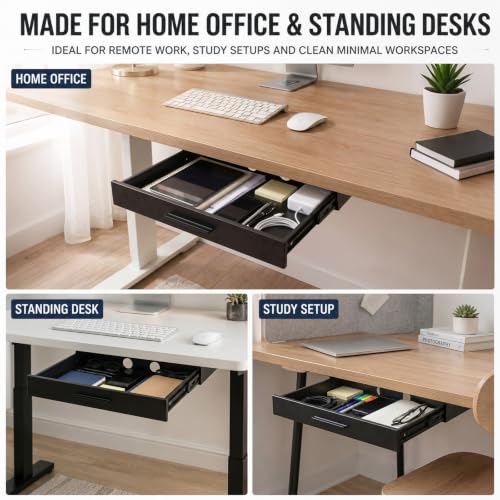 Menkxi 18 x 12 in Under Desk Drawer Slide out Storage Organizer Heavy Duty Metal Pull Handle Drawer for Standing Desk Mounted Sliding Under Table Organizer Tray for Laptop Paper Home Office - Image 5