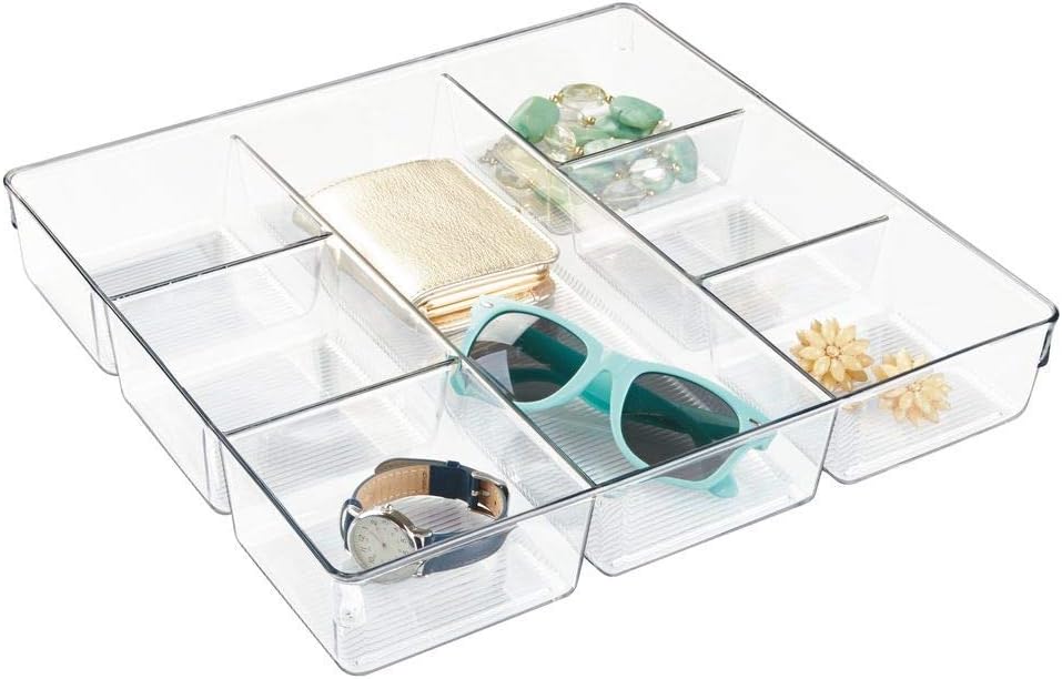 iDesign Drawer Organiser with 7 Compartments, Practical Plastic Drawer Divider, Wardrobe Organiser for Accessories and Jewellery, Clear