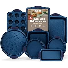 BAKKEN Kitchen Baking Pan Set - Nonstick Coating, Carbon Steel Bakeware Sets with Blue Silicone Handles, Baking Kitchen Essentials, PFOA, PFOS, PTFE Free, Oven Safe Tray Up To 450 F, Set of 8