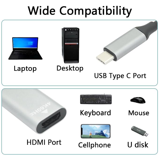 Image of USB C to HDMI Adapter 3.9in Cable, 4K 60Hz Type C Male to HDMI Female Converter Adapter, Support USB C Port DP Alt Mode Output, for Mobile Phones, Tablets, Laptops
