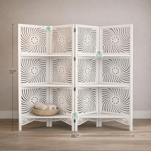 Image of Wooden Room Divider 6 Feet, 4-Panel Folding Wooden Partition for Living Room, Office, Pooja Room, Restaurant, Kitchen & Balcony (2W x 1.82H Meters). (White-Shelves)