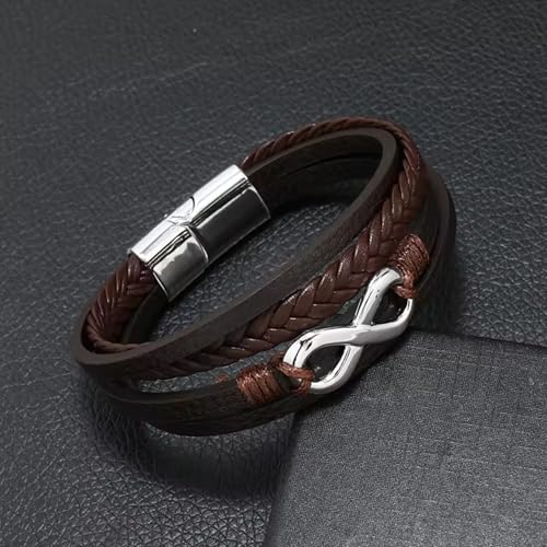 Image of THE MEN THING Leather Bracelet for Men - American Style Genuine Leather Multi-Layer Braided Bracelet with 100% Stainless Steel Magnetic Buckle for Men & Boys (8 inch)
