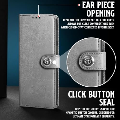 Image of WOW IMAGINE Shock Proof Flip Cover Back Case for Samsung Galaxy M04 | F04 | A04e (Magnetic Button Flip Case | Wallet Pockets & Stand | Leather Finish | Stone Grey)