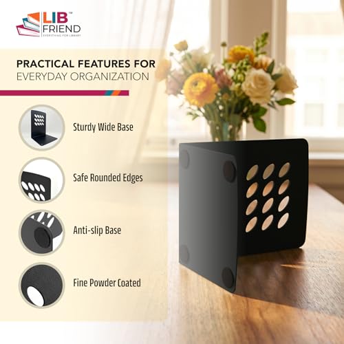 Image of LIBFRIEND Metal Non-Slip Bookends | Powder-Coated L-Shaped Book Holder for Desk, Office, Study Table and Library | Multicolour Options | Set of 2 (Black, M)