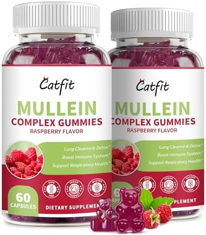 Catfit (2 Pack Mullein Gummies for Lungs – Mullein Leaf Extract with Quercetin, Elderberry for Respiratory & Immune Support,Lung Health & Breathing, Vegan, Raspberry Flavor, 60 Gummies
