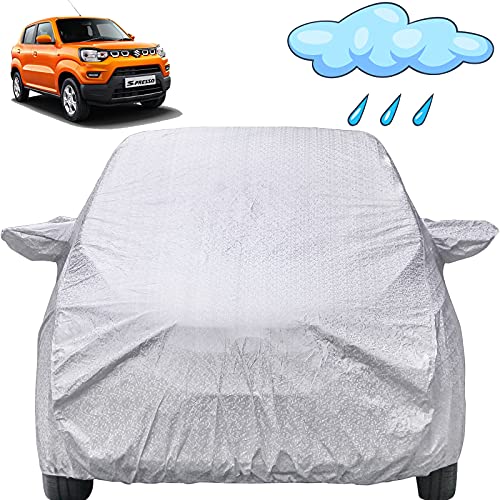 Image of Spresso Waterproof Car Cover with Mirror Pockets, Shinning Silver Design, Non Woven Fabric,Triple Stitched, Compatible with Maruti Spresso Car Cover (2019 to 2024), Spresso Car Accessories