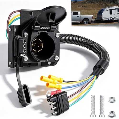 maierke 7 Way Trailer Plug 7 Pin to 4 Pin Trailer Adapter 7 Pin Trailer Connector Vehicle-Side 4 Flat to Trailer-Side 7 Blade and 4 Pin Dual-Output Connector with Mounting Bracket for RV Truck