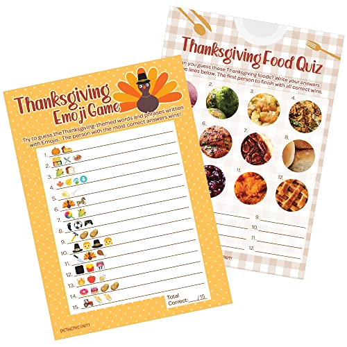 DISTINCTIVS Thanksgiving Party Games, Turkey Emoji Game and Thanksgiving Food Quiz 2 Game Bundle - 25 Dual Sided Cards