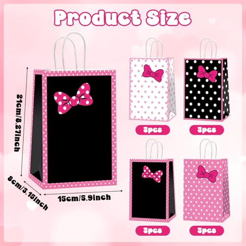 MinFyberd 12Pcs Pink Bow Party Favor Bags Cartoon Birthday Decorations Pink Paper Gift Bags with Handles Polka Dots Goodie Candy Treat Bag for Girls Women Birthday Bridal Baby Shower Party Supplies