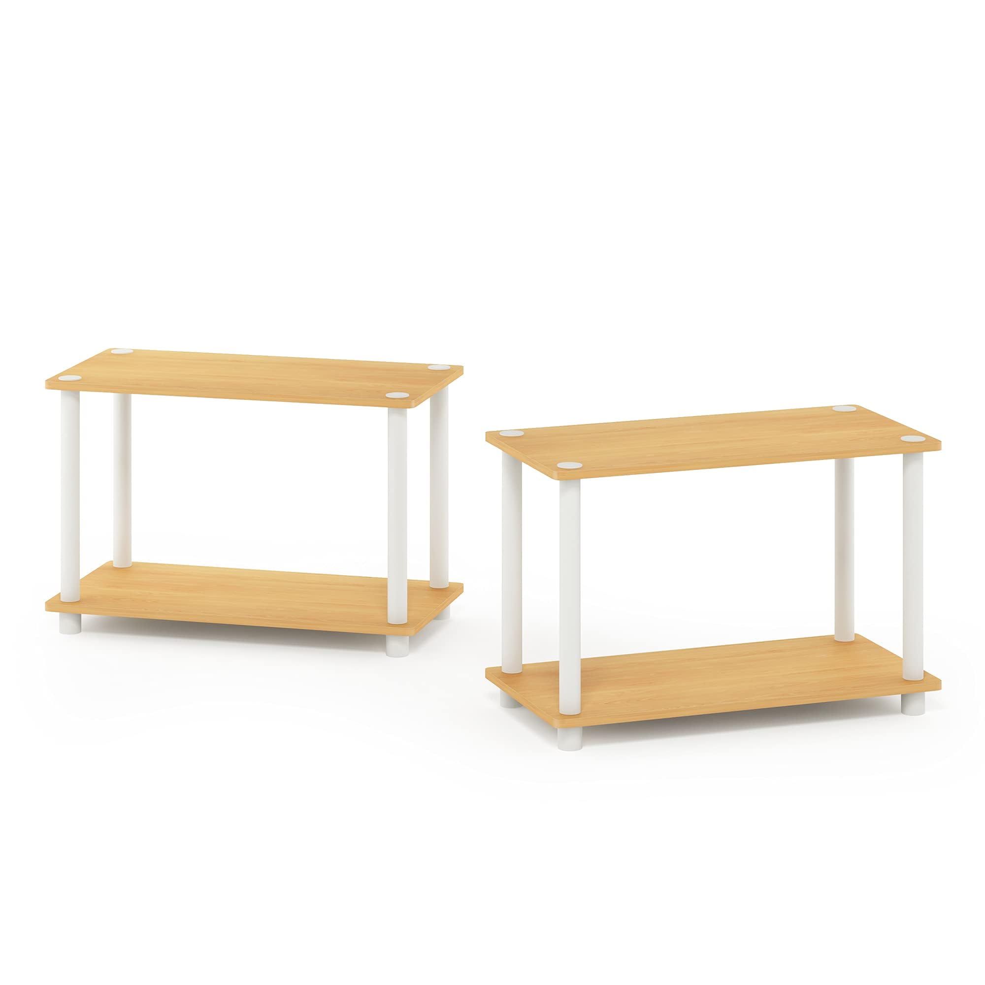 Furinno TURN-N-TUBE Side Table Set of 2, Rectangle End Table with Open Shelf, Toolless Assembly Night Stand, Bedside Table, for Living Room, Bedroom, Beech
