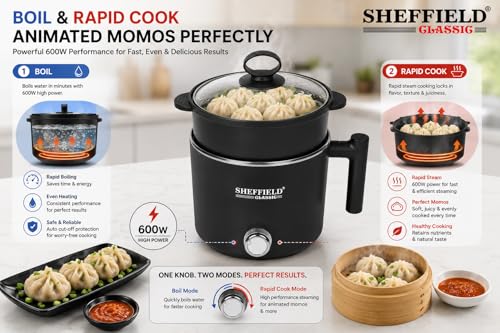 Image of Sheffield Classic 1.5L Multipurpose Electric Kettle with Steamer & Egg Tray | 600W Multi Cooker for Boiling Water, Milk, Eggs, Tea & Cooking Noodles | Variable Temperature Control (Black)